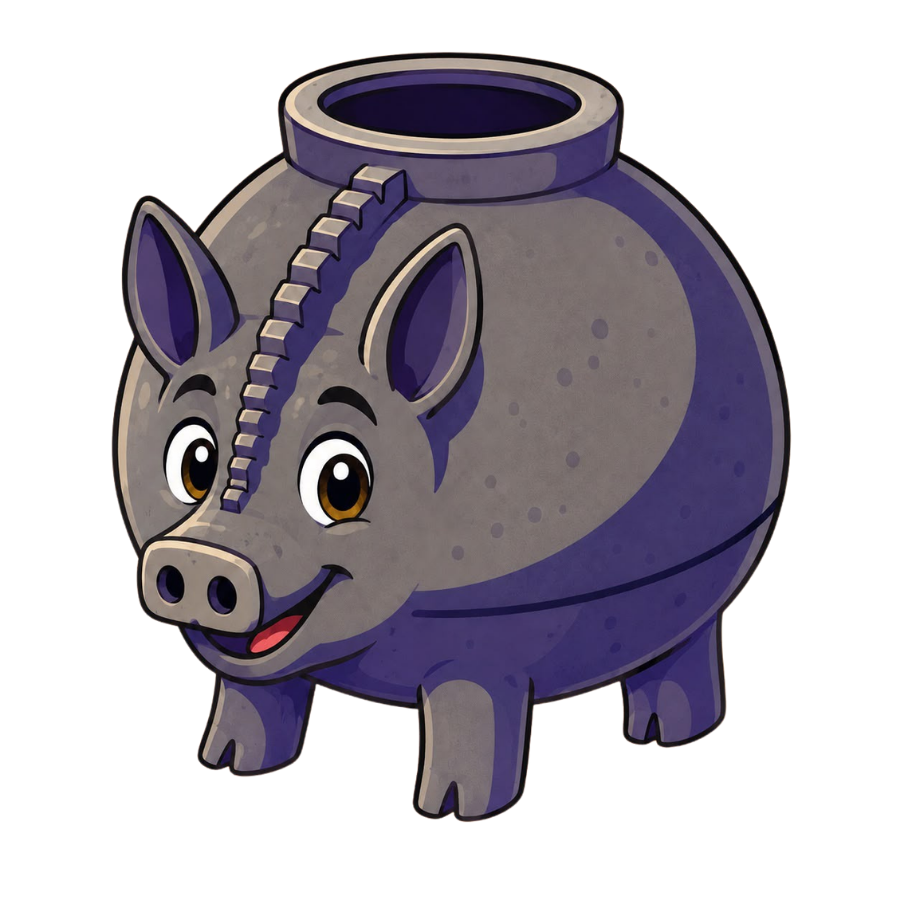 Gruzzi, das Maskottchen der App: ein freundliches Sparschwein in Topfform